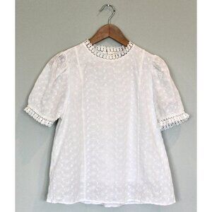 SAVANNA JANE Boutique White Cotton Eyelet Puff Sleeve Blouse Top, Size M Medium